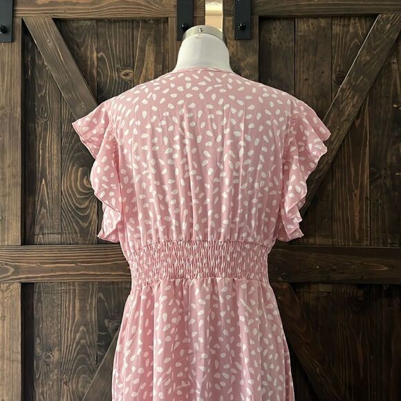 New Allover Print Ruffle Trim Shirred Waist Boho Dress - Picture 6 of 10